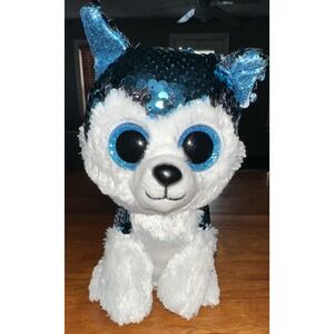 TY Beanie Boo‎ Slush the Dog Plush Blue White Sequin Stuffed Animal 7"